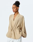 Resim Modal Karışımlı Beli Bağcıklı Oversize Uzun Kollu Kruvaze Kimono 