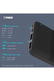 Resim Phixi Basic P10 10000mah Powerbank 10w - 2 Port Led Gösterge - Taşınabilir Şarj Cihazı 