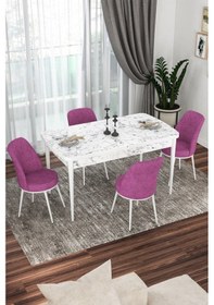 Resim Canisa Concept Kor Serisi 70x114 Açılabilir Mutfak Masası Takımı Beyaz Mermer Desen Masa 4 Mor Sandalye Masa Beyaz Mermer Desenli Sandalyeler Mor 