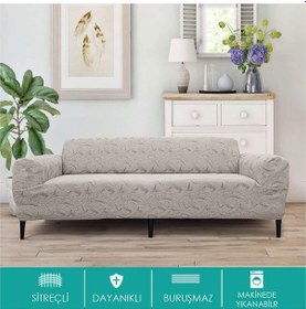 Resim Jakarlı Sehra Desen Vizon 3 3 1 1 Lastikli Kanepe Örtüsü Lastikli Koltuk Örtüsü Koltuk Kılıfı Vizon 