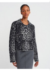 Resim Dilvin 60296 Polo Yaka Düğmeli Cepli Leopar Triko Hırka Füme 