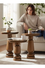 Resim ASELYA HOME Doğal Ahşap 3’lü Set Mantar Yan Sehpa Modern Fiskos Zigon Çiçeklik 