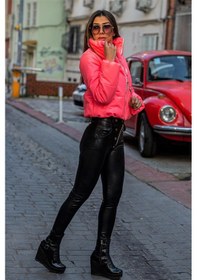 Resim Keyifli Moda Kadın Pembe Dik Yaka Kısa Deri Şişme Mont 