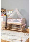 Resim Ahşap Beşik Anne Yanı Beşik Organik 60x120 - Pembe Beyaz Örgü Uyku Seti Seti + Yatak Ahşap 