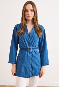 Resim Olalook Kadın Orta Mavi Kuşaklı Mevsimlik Denim Ceket CKT-19000515 
