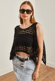 Resim Olalook Kadın Siyah Ajurlu Crop Bolero Triko Bluz BLZ-19002687 