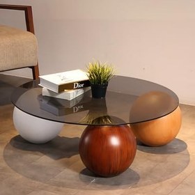 Resim Modern Orta Sehpa & Küre Sehpa & Top Sehpa & Füme Yuvarlak Cam & 1 Beyaz - 1 Ceviz - 1 Meşe Top 