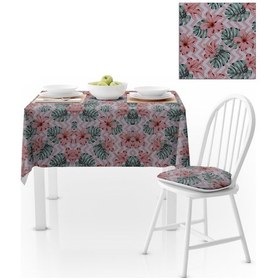 Resim Çiçek Desenli Pembe Beyaz Zigzag Zemin Pembe Yeşil Dijital Baskılı Petek Dokuma Masa Örtüsü 140x260 