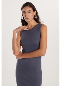 Resim Tudors Kadın Slim Fit Dar Kesim Modal Bisiklet Yaka Sıfır Kol Maxi Antrasit Elbise-33541 Antrasit 
