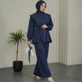 Resim Neşeli Butik kadın lacivert geniş kesim yaka detaylı kuşaklı ikili tesettür takım NBVQ3148 