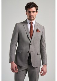 Resim İmza Kendinden Desenli Bez Ayağı Mono Yaka Tam Astar Esnek 6 Drop Slim Fit Takım Elbise 1001250168 Koyu Bej 