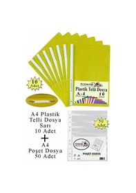 Resim Telli Dosya Plastik A4 10 Lu Ve Poşet Dosya 50 Li 1 Paket Ekonomik Kaliteli Şeffaf Kapak Telli Dosya Okul Büro Ofis Sarı 