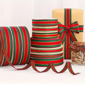 Resim 22.86 metre Çift Taraflı Altın Kenarlı Kırmızı ve Yeşil Çizgili Simli Kurdele - Takı Ambalajı, El Sanatları, Cadılar Bayramı Noel Süslemeleri için Mükemmel 