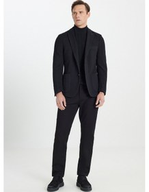 Resim AC&Co / Altınyıldız Classics Erkek Siyah Slim Fit Dar Kesim Mono Yaka Torba Cepli Yünlü Esnek Blazer Ceket Siyah 