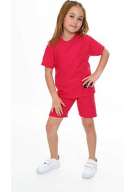 Resim My Kids Wear Bisiklet Yaka Şortlu Kız Çocuk Şortlu Takım Kırmızı 