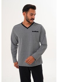 Resim Çift Kaplan Erkek Kazayağı Desen V Yaka Beyaz Pijama Takımı 8036 Beyaz 