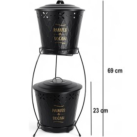 Resim Feyza Design Çift Katlı Büyük Siyah Metal Patates ve Soğan Kovası 