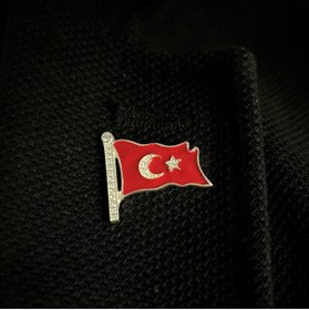 Resim Sima Silver Gümüş Ayyıldız Türk Bayraklı Kırmızı Mineli Erkek Rozet Yaka Iğnesi 