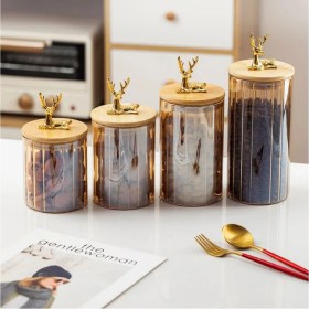 Resim 3'lü Bambu Kapaklı Cam Geyik Figürlü Çizgili Mutfak Seti 