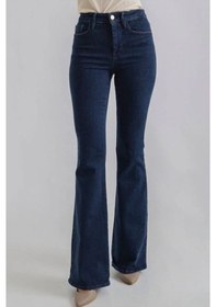 Resim Ispanyol Renk Solmaz Likralı Yüksek Bel Koyu Mavi İspanyol Jeans Pantolon Koyu Mavi 