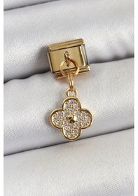 Resim 316l Çelik Sallantılı Zirkon Taşlı Yonca Model Gold Renk Nomination Charm 