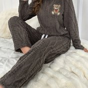 Resim Kadınlar İçin Sonbahar ve Kışlık Peluş Pijama - Kalın Korall Kadife Uzun Kollu Yuvarlak Yaka Üst ve Pantolon Takımı, Sevimli Ayı İşlemeli Karikatür Sıcak Takım, Rahat Günlük Kıyafet 