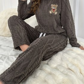 Resim Kadınlar İçin Sonbahar ve Kışlık Peluş Pijama - Kalın Korall Kadife Uzun Kollu Yuvarlak Yaka Üst ve Pantolon Takımı, Sevimli Ayı İşlemeli Karikatür Sıcak Takım, Rahat Günlük Kıyafet 