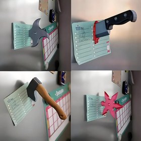 Resim 1 adet Eğlenceli Bıçak Manyetik Buzdolabı Sticker, 3D Eğlenceli Çekiç Buzdolabı Manyetik, Ninja Darts Dekor, Benzersiz Hediye Fikri, Ev, Ofis, Buzdolabı, Kilitleme, Dolap Demir Yüzey için Uygun 