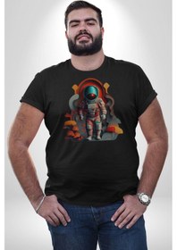 Resim Astronot Yapay Zeka Yürüyüş Unisex Unisex Siyah Organik Baskılı T-shirt Penye Yüksek Kalite Siyah 
