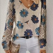 Resim Kadınlar İçin Şık Çiçekli Kazak - Uzun Kollu Bej Arka Planlı Mavi Desenli, Günlük ve Resmi Etkinlikler için Sonbahar/Kış Modası Üst Giyim, Orta Esneklikte Kumaş 