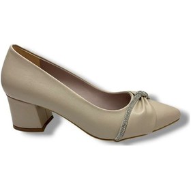 Resim C-shoes 150-26 Cilt Deri Düğüm Taşlı Kalın Topuk Kadın Ayakkabı 38-40 Krem 
