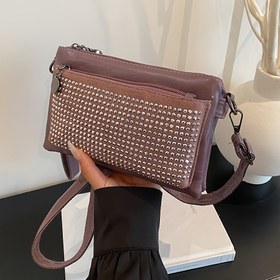 Resim UNIXINU Kadın Punk Tarzı Rhinestone Taşlı El Çantası - Ayarlanabilir Askılı, Fermuarlı Kapanış, Trend Küçük Kare Omuz Çantası Kahverengi Renkte - Günlük Kullanım veya Hediyeler İçin Mükemmel, Çapraz Askılı Çanta, Hediye Ürünü, Şık Aksesuar, Dayanıklı Fermuarlı Kapanış 