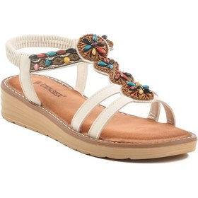 Resim Voyager Beyaz Hakiki Deri Taş İşlemeli Kadın Düz Sandalet Çok Renkli 