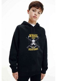 Resim Pubg Kurukafa Sarı Gri Baskılı Unisex Çocuk Kapüşonlu Siyah Sweat Siyah 