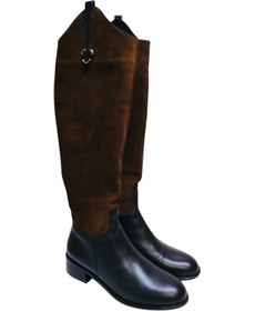 Resim DRY SHOES Hakiki Deri Kahve Kadın Çizme Ayakkabı Kısa Topuklu Fermuarlı Bot Western Kovboy Binici X-7031 