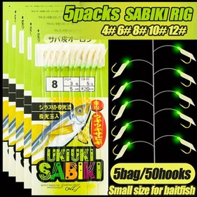 Resim TAKBAS 5'li Set Deniz Balığı Olta Takımı, 30/50 parça Olta, Önceden Bağlı Deniz Balığı Takımı, Glow-in-the-Dark Avcılarla, Yeşil Renk, İzmarit, Mezgit, Morina, Hamsi, Somon, Levrek, Küçük Jack, Mezgit, Saçlı Kuyruk, Altın Perch, Somon ve Snappe için 