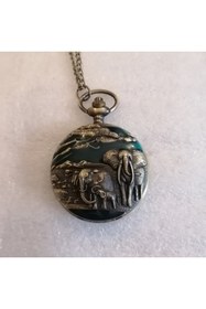 Resim Butik Tülin Unisex otantik bronz yeşil emaye ormanda fil ailesi köstekli cep saati kolye 4.5x47 cm Tayland Malı 