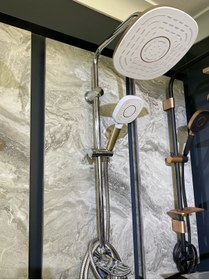 Resim İSAOĞLU YAPI Gold Beyaz Çift Renk Tepe Yağmurlama Ve Banyo Bataryası Seti Beyaz Robot Duş Seti Beyaz Duş Başlığı 
