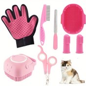 Resim Çok Amaçlı Pet Bakım Seti, Tırnak Makası, Pire Çatalı, Şampuan Fırçası, Diş Fırçası ve Masaj Eldiveni ile - Non-Elektrik, Dayanıklı PP Malzeme - Köpekler, Kediler ve Küçük Hayvanlar için İdeal 