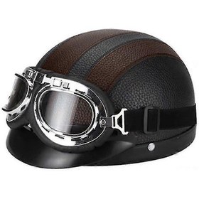Resim Retro Motosiklet Deri Yarım Kask Gözlüklükahverengi 