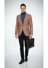 Resim Plus Scorpion Ekoseli Slim Fit Erkek Blazer Ceket Şık Modern Tasarım, Tek Düğmeli Kiremit 