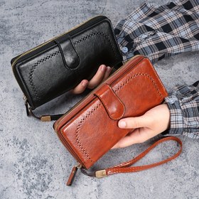Resim Kadınlar için Klasik Sentetik Deri Cüzdan, Çıtçıt Kapamalı & Bilek Kayışı - Çoklu Kart Yuvaları, Kimlik Tutucu, Günlük Kullanım İçin Geniş Katlanabilir Tasarım - Siyah, Çok Yönlü Kartlık, Yağlı Yüzey 