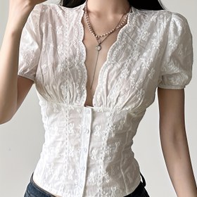 Resim Y2K Bow Dokulu Kumaş Bel Sıkılaştırma Düğmeli Puff Kollu Gömlek Jacquard Tasarımı ile 