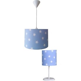 Resim Onay Avize Mavi Yıldızlı 2.li Set M-0368 Kumaş Kaplama Genç ve Çocuk Odası Avize ve Abajur Takımı 