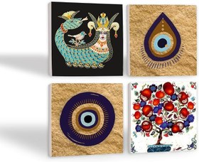 Resim Nazar, Şahmeran, Nar Ağacı Taş Bardak Altlığı Seti - 4 Parça - Dekoratif, Rustik Mutfak Aksesuarı, 10x10 cm, Kaydırmaz Tabanlı, Şık ve Dayanıklı SC525 