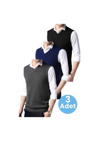 Resim Tezzgelsin 3'lü Erkek V Yaka Triko Tüylenmez Süveter Erkek Slim Fit Süveter Füme - Lacivert - Siyah 