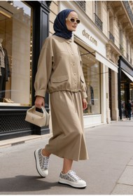 Resim Aselim Hijap Moda Düğmeli Gold Tensel Set-Tesettür Etekli Takım -Bej 
