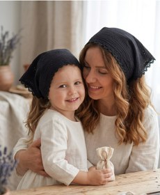 Resim Mufincollection Siyah Nakışlı Muslin Kumaş Anne Kız Kombin - %100 Pamuk, Nefes Alan Doğal Kumaş 