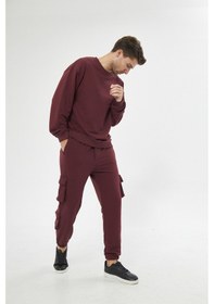 Resim Unisex Bordo 3 Iplik Jogger Rahat Kalıp Kargo Cepli Eşofman Altı Bordo 