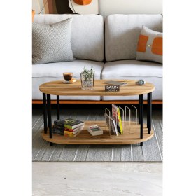 Resim Modern Oval Orta Sehpa Çift Katlı Metal Ayaklı Salon, Ofis, Dekoratif Sehpa, Kahve Sehpası 